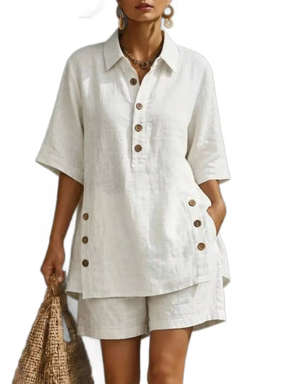 Full Size Casual Linen Button-Down Shirt & Shorts Set Plus Size