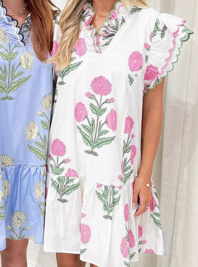 Floral Print Ruffle Trim Casual Mini Dress