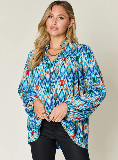 Double Take Full Size Printed Balloon Sleeve Blouse