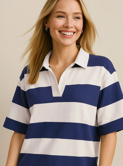 Oh Pima Cotton Wash Color Block Johnny Collar Half Sleeve Top