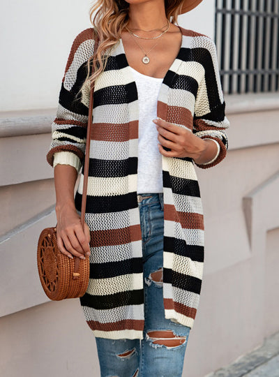 Full Size Striped Long Sleeve Openwork Cardigan