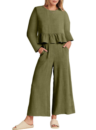 Full Size Ruffled Hem Long Sleeve Top and Pants Set Plus Size