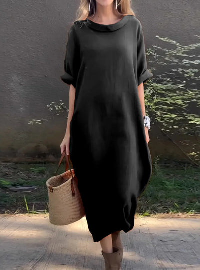 Full Size Casual Loose Fit Round Neck Midi Dress Plus Size