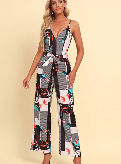 Printed Spaghetti Strap Tied Jumpsuit