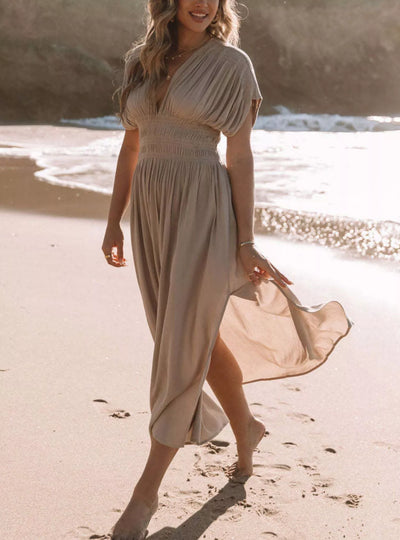 Full Size Slit V-Neck Smocked Waist Maxi Dress Plus Size