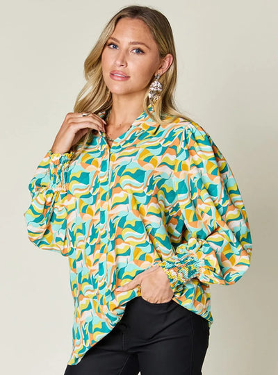 Double Take Full Size Printed Smocked Long Sleeve Blouse