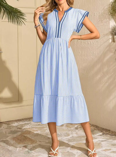 Striped Notched Ruffle Sleeve Dress