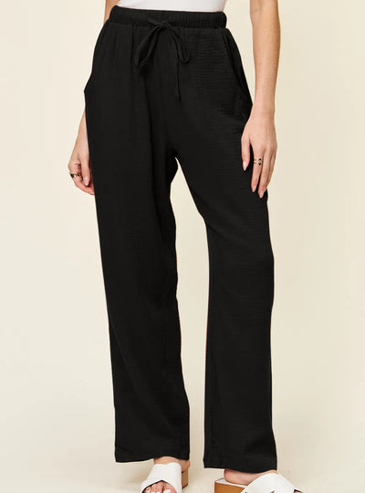 Double Take Full Size Texture Drawstring Straight Pants