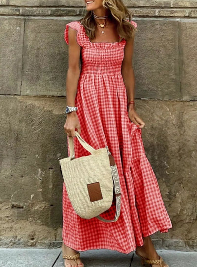 Full Size Gingham Smocked Ruffle Maxi Dress Plus Size
