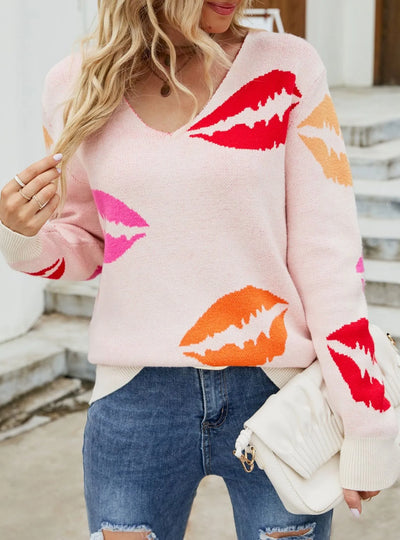Colorful Lips V-Neck Sweater