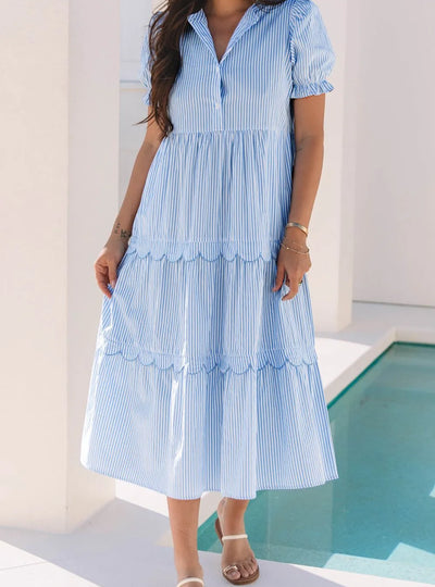 Stripe Bubble Short Sleeve Tiered Scallop Midi Dress