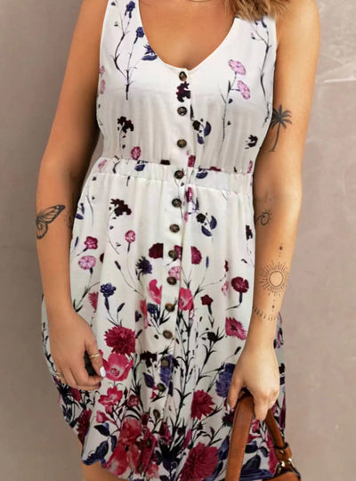 Double Take Scoop Neck Buttoned Sleeveless Magic Dress with Pockets