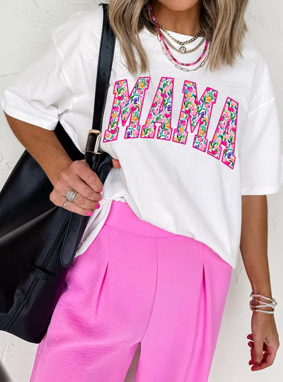 Full Size Floral Mama Graphic Casual Short Sleeve T-Shirt Plus Size