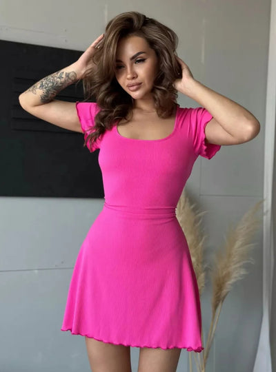 Ribbed Back Lace Up Short Sleeve Mini Dress