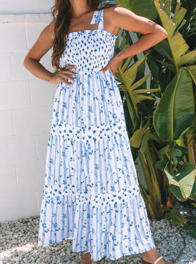 Floral Smocked Tied Straps A-Lined Tiered Dress