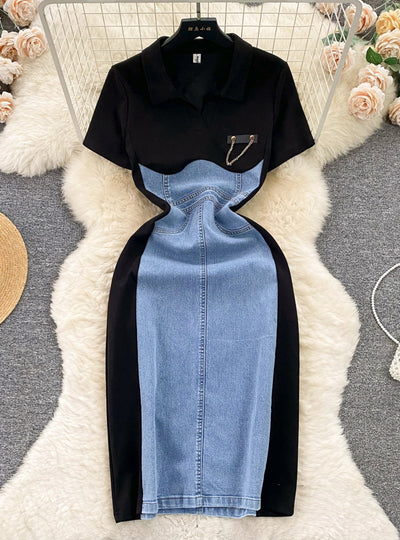 Full Size Color Block Denim Patchwork Bodycon Mini Dress Plus Size