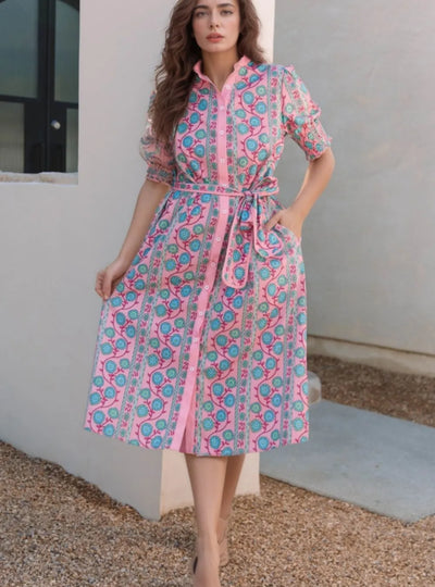 Printed Shirred Sleeve Buttoned Front Midi Dress with Sash