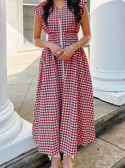 Gingham Zip-Front Midi Dress