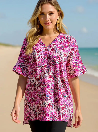 Double Take Full Size Printed V-Neck Short Sleeve Blouse