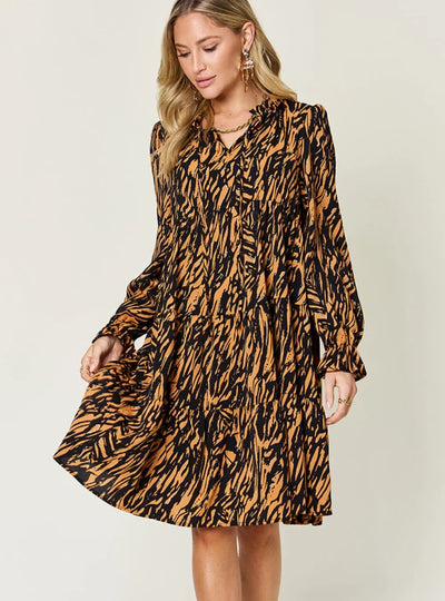 Double Take Full Size Printed Ruffle Hem Long Sleeve Dress