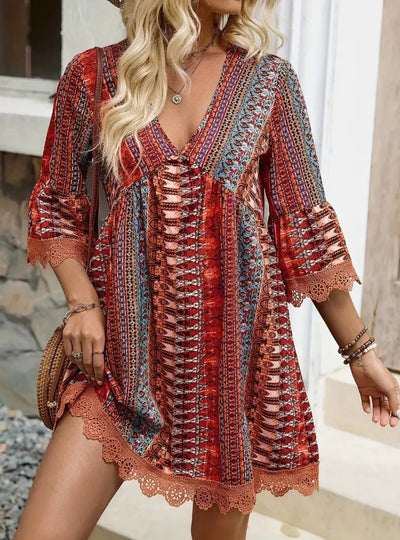 Lace Trim Printed V-Neck 3/4 Sleeve Dress