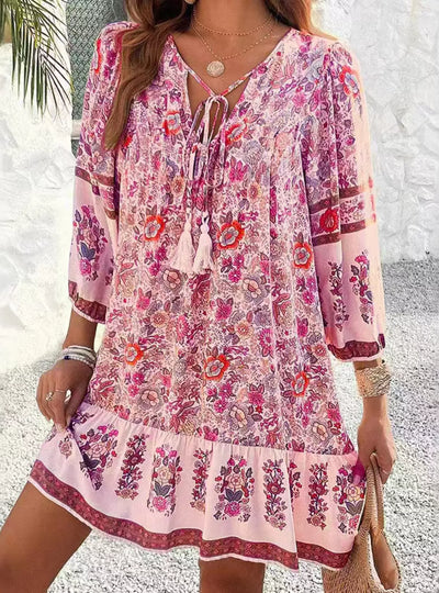 Floral Print Tassel Tie Neck Mini Dress