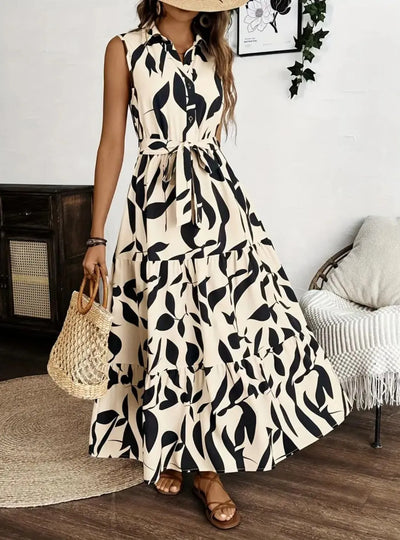 Printed Tie Waist Sleeveless Maxi Dress