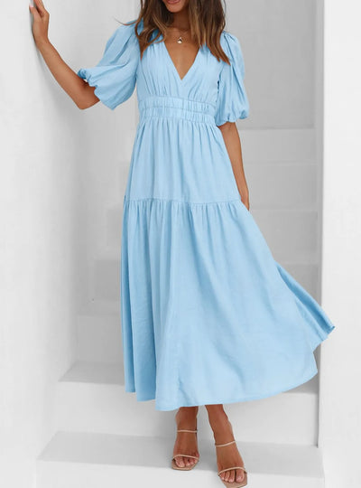 V-Neck Puff Sleeve Midi Dress