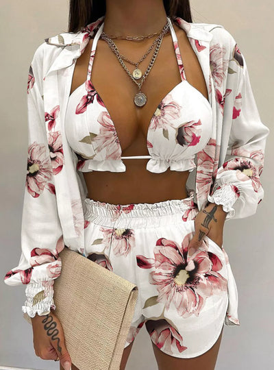 Full Size Halter Neck Cami & Shirt & Shorts 3-Piece Outfit Set Plus Size