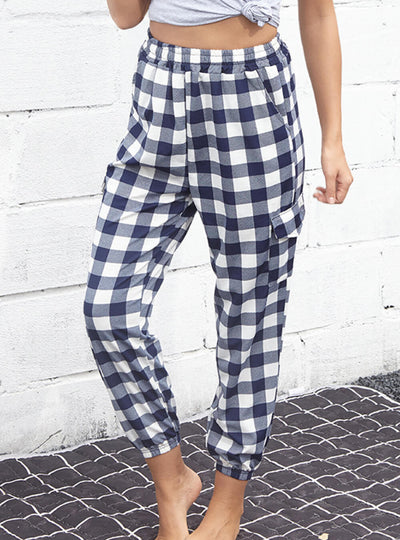 Perfee Plaid Elastic High Waist Cargo Pants