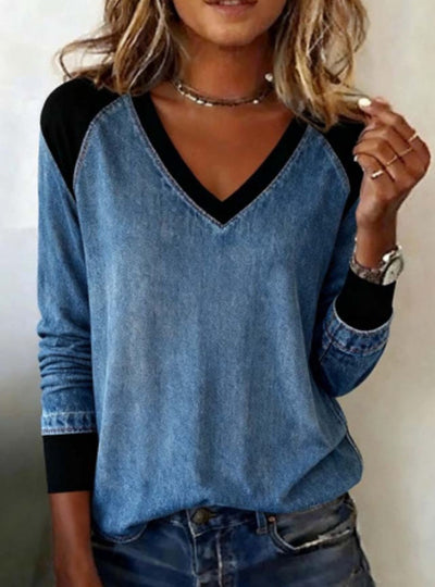 Full Size Patchwork V-Neck Long Sleeve Blouse Plus Size