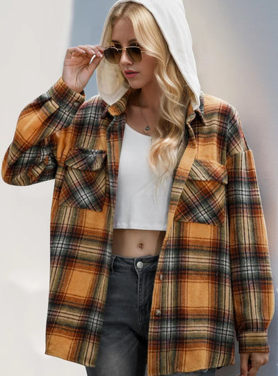 Double Take Drawstring Plaid Long Sleeve Hooded Shacket