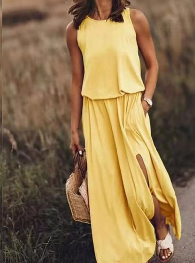 Full Size Round Neck Sleeveless Slit Maxi Dress Plus Size