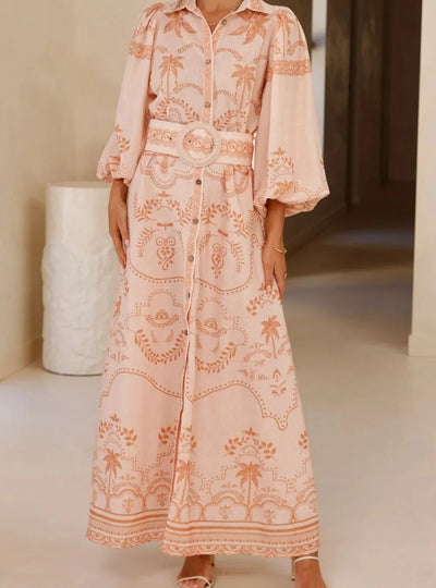 Printed Balloon Sleeve Maxi Shirt Dress