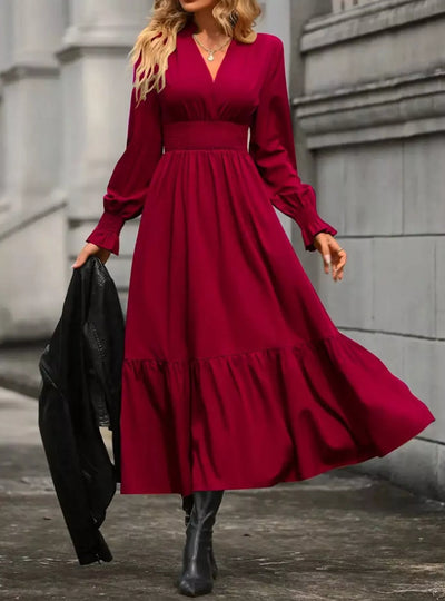 Surplice Long Sleeve Tiered Midi Dress
