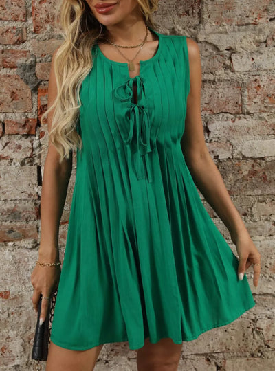 Tied Front Pleated Sleeveless Mini Dress