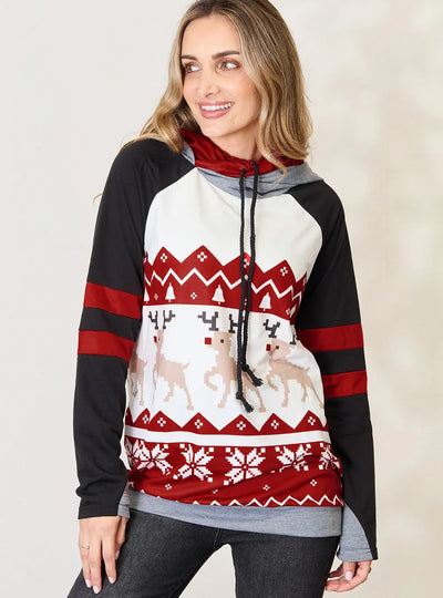 Double Take Full Size Christmas Drawstring Long Sleeve Hoodie