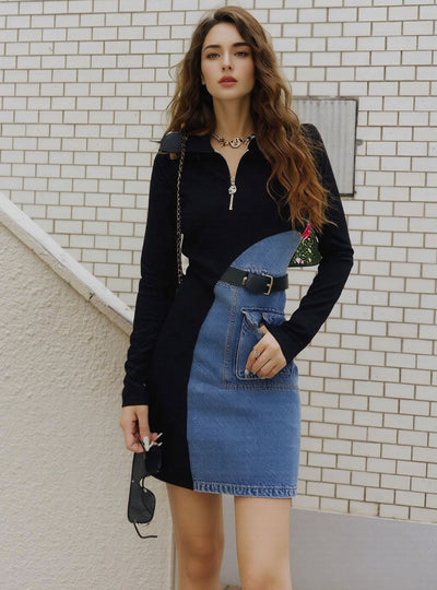 Full Size Color Block Denim Patchwork Mini Dress Plus Size