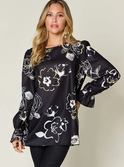 Double Take Full Size Printed Flounce Sleeve Blouse