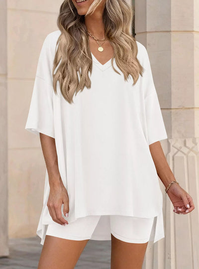 Full Size Casual Loose V-Neck T-Shirt & Shorts Set Plus Size