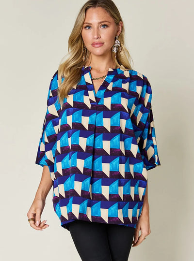 Double Take Full Size Geometric Notched Half Sleeve Blouse