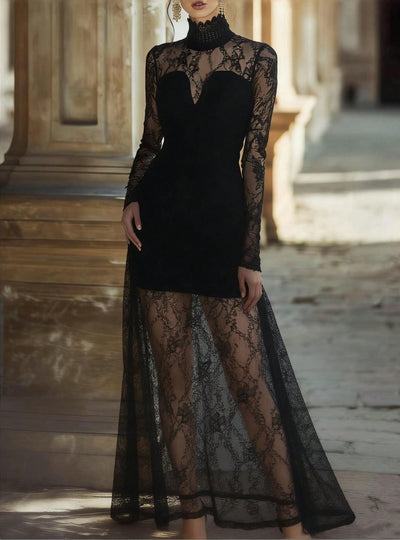 Lace High Neck Long Sleeve Maxi Dress