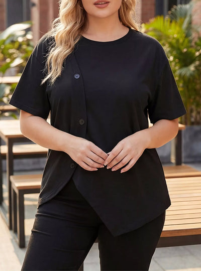 Plus Size Asymmetrical Button Decor Short Sleeve T-Shirt