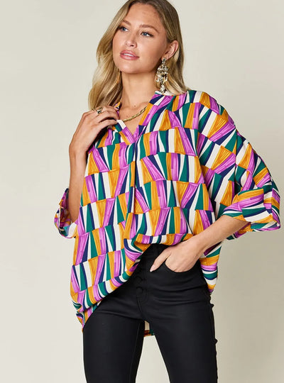 Double Take Full Size Geometric Notched Dolman Sleeve Top