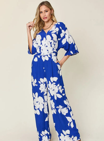 Double Take Full Size Printed Tie Back Wide Leg Jumpsuit