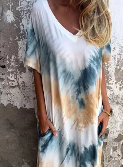 Full Size Tie-Dye V-Neck Midi Dress with Pockets Plus Size