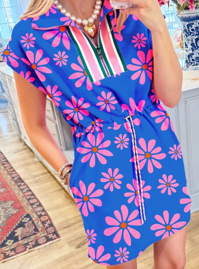 Floral Print Zip Collar Drawstring Summer Mini Dress