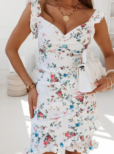 Printed Ruffled Sweetheart Neck Mini Dress