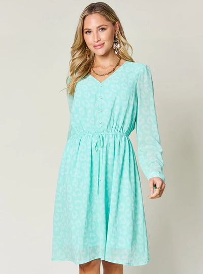 Double Take Full Size Printed Ruched V-Neck Long Sleeve Dress