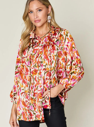 Double Take Full Size Printed Button Up Long Sleeve Shirt